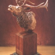 Bronze Bugler Elk Sculpture on Wood Base